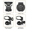 Three views of a black foldable handlebar cup holder for bikes and scooters showing expand-front, folding-front, and low-leve