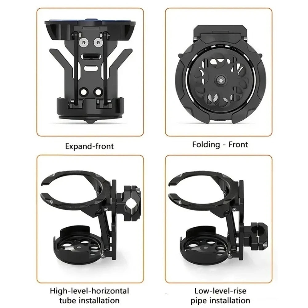 Three views of a black foldable handlebar cup holder for bikes and scooters showing expand-front, folding-front, and low-leve