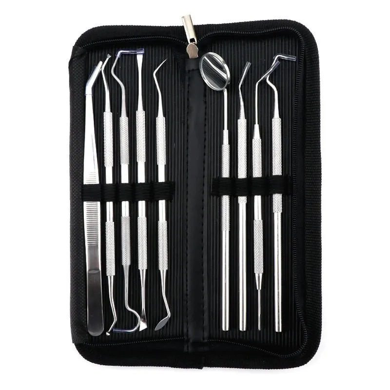 A black case containing a premium stainless steel dental care tool set for oral hygiene.