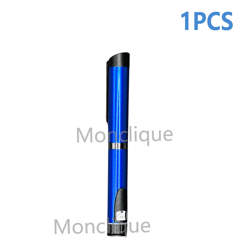 A blue reusable metal injection pen with a black cap and silver accents.