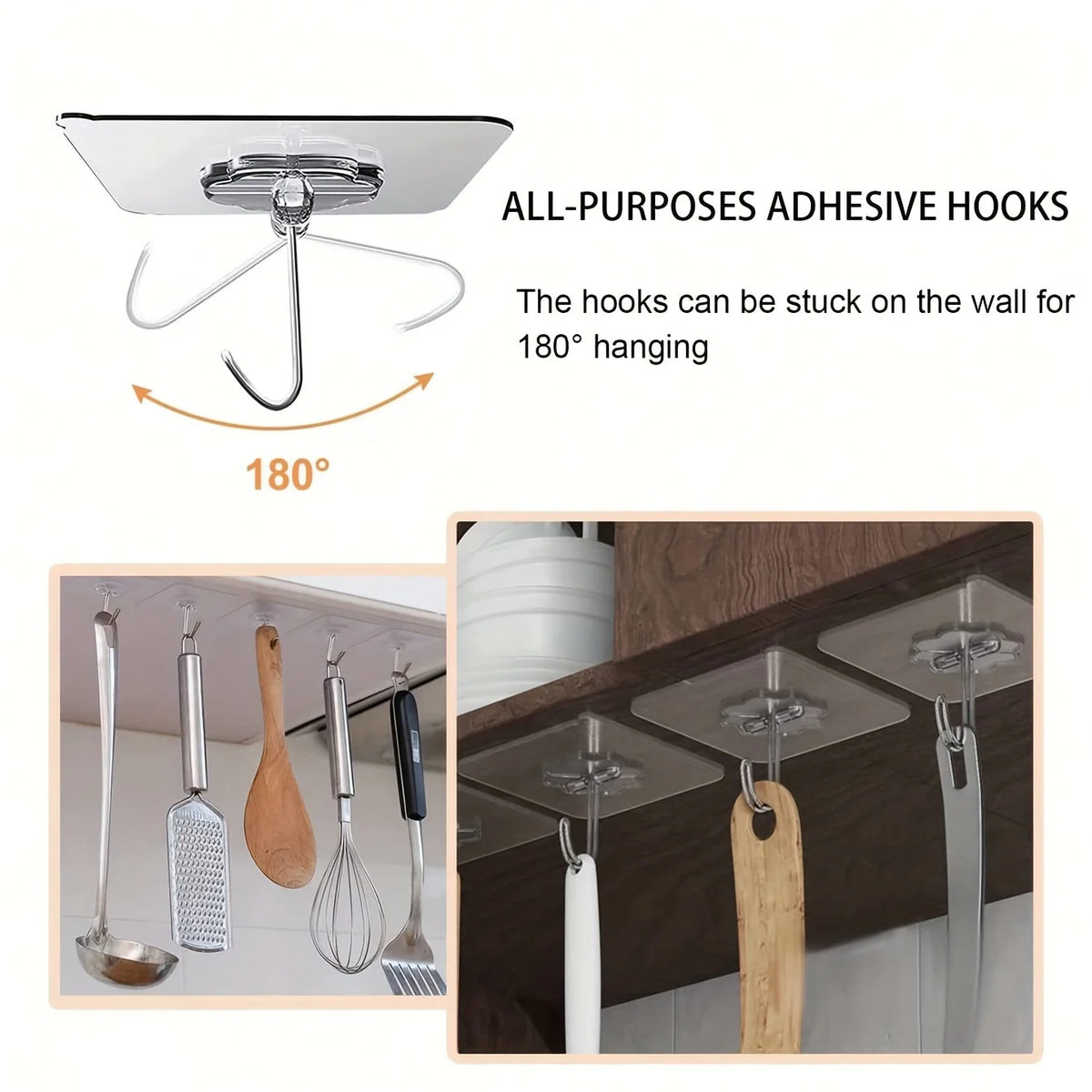 All-purpose adhesive hooks demonstrating 180 degree hanging capability and various hook sizes.