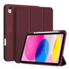 A maroon magnetic flip tablet case shown open, displaying a tablet screen and a pencil holder slot.