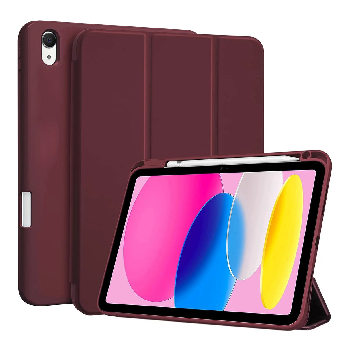 A maroon magnetic flip tablet case shown open, displaying a tablet screen and a pencil holder slot.