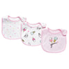 A set of three pink soft cotton baby bibs featuring various cartoon ice cream prints.