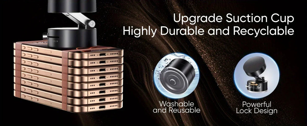 A magnetic car phone mount with a suction cup is shown, highlighting its durable and recyclable features.