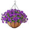 Artificial hanging morning glory flowers in purple bloom overflowing from a woven basket