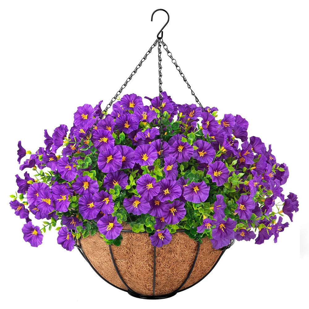 Artificial hanging morning glory flowers in purple bloom overflowing from a woven basket