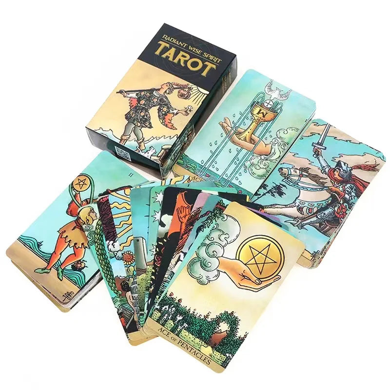 A collection of black Radiant Wisdom Tarot cards and a guidebook displayed on a white background.