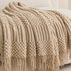 Khaki Knitted Throw Blanket with Tassels