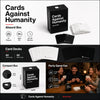 A set of Cards Against Humanity game boxes, card decks, and a group playing the game.