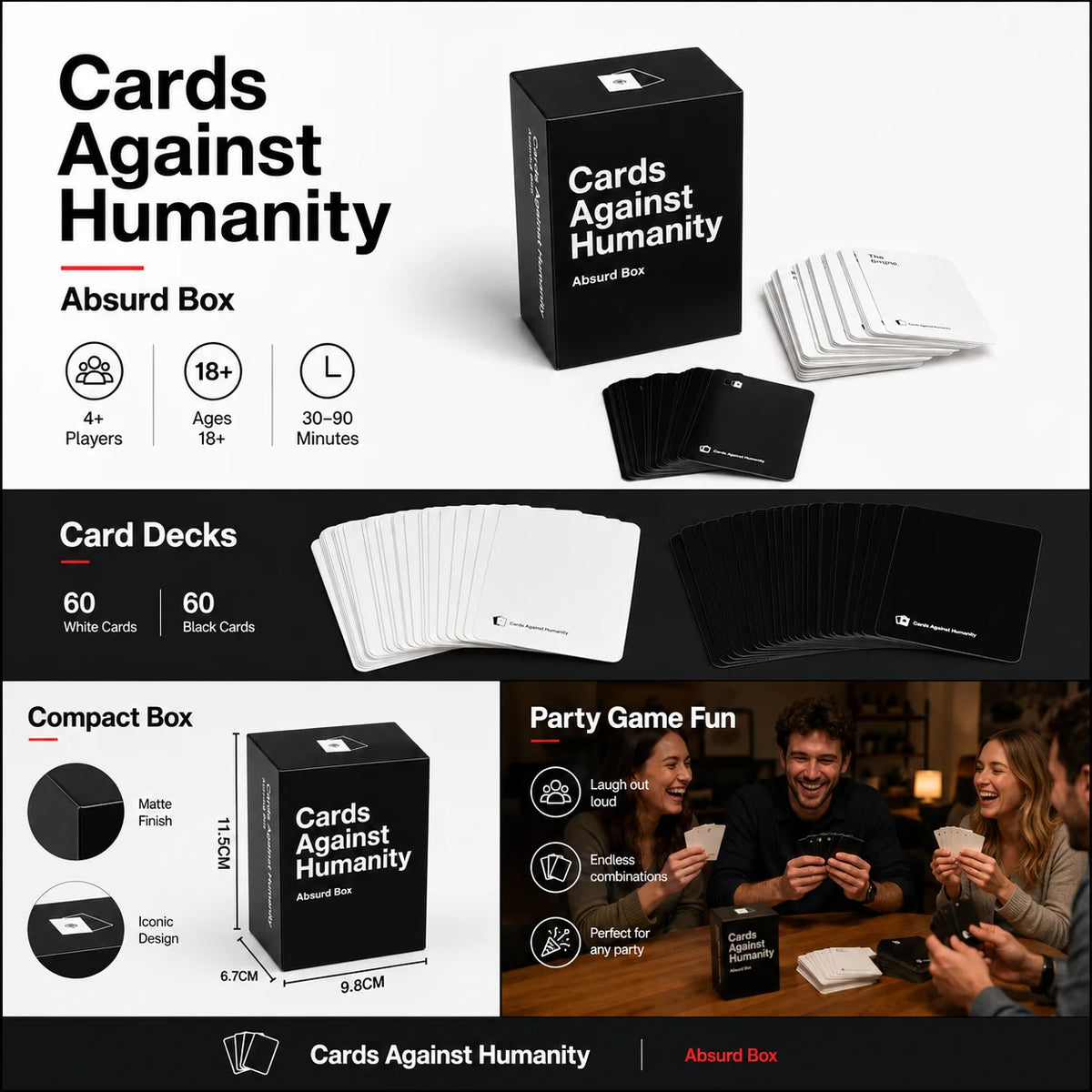 A set of Cards Against Humanity game boxes, card decks, and a photo of people playing the game.