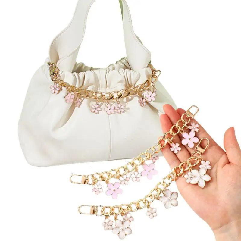 Cherry Blossom Bow Enamel Bag Chain with Heart Charms
