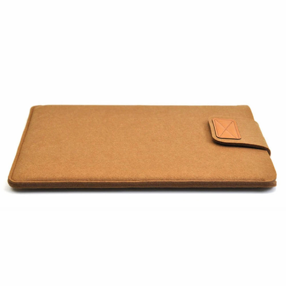 A brown felt laptop sleeve case with a leather flap closure.