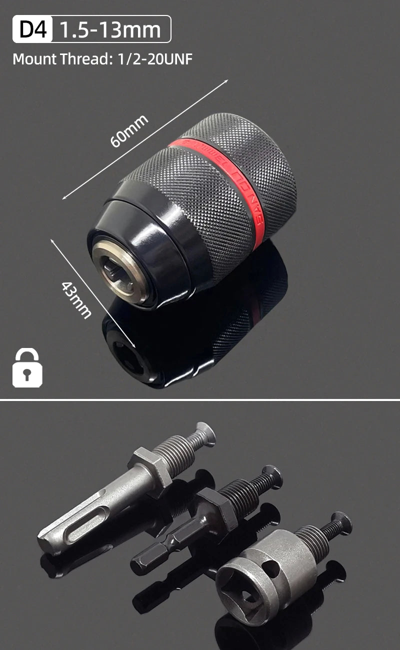 A drill chuck kit showing various adapters including a D4 1.5-13mm mount thread and hex Shanks.