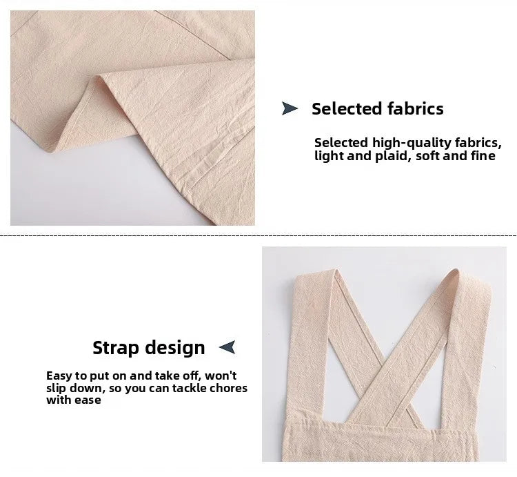 A light beige cotton kitchen apron showing fabric texture and strap design details.