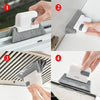 A hand is shown using a white groove cleaning brush with a replaceable scouring head on a window frame.