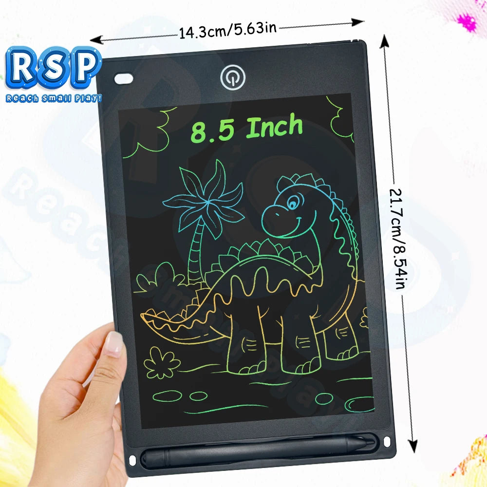 A black 8.5 inch LCD writing tablet for kids showing a dinosaur drawing outline on a dark screen.