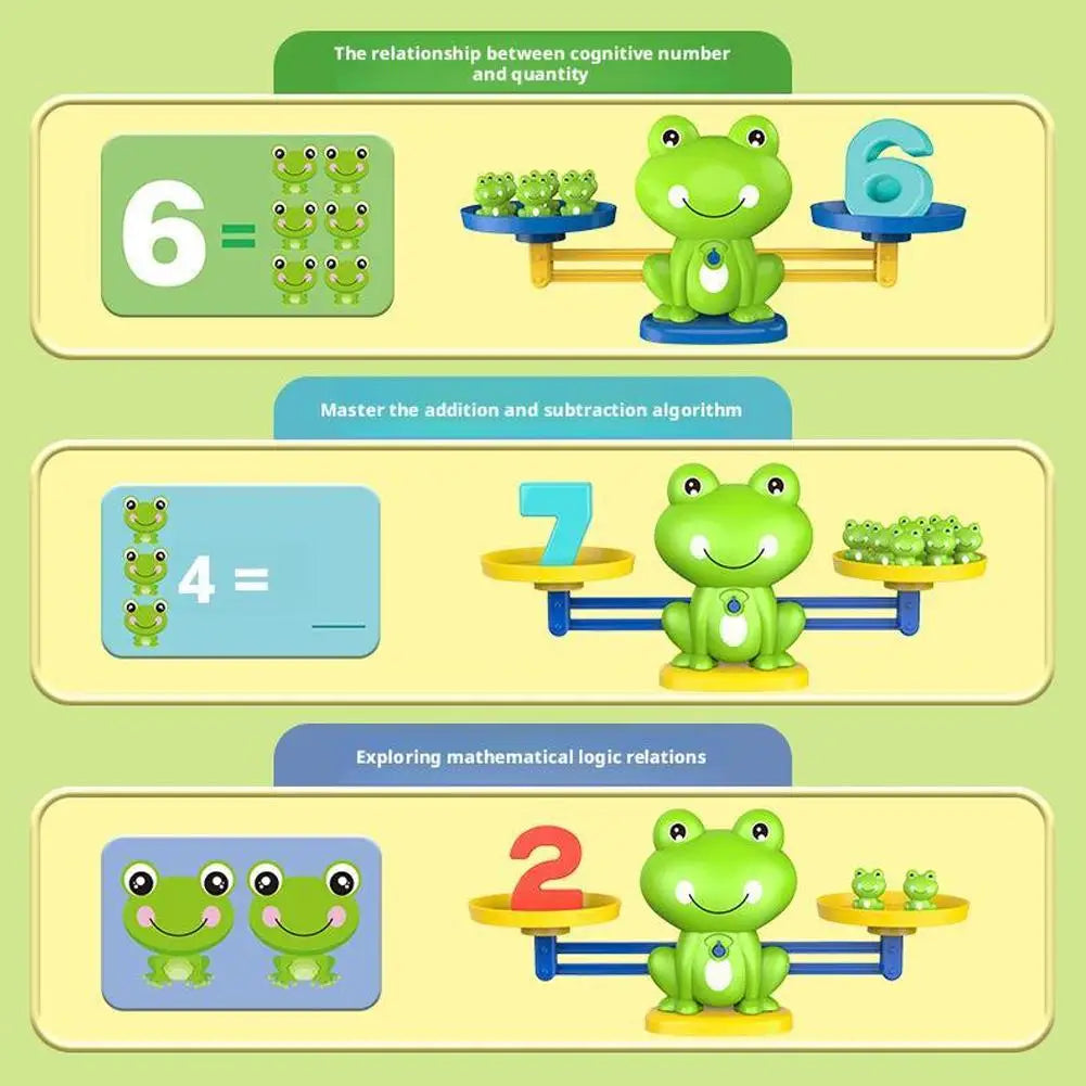 A set of frog balance math learning toys demonstrating addition and subtraction concepts.