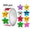 A roll of 500 glitter star stickers in various colors including purple, yellow, red, blue, and green.