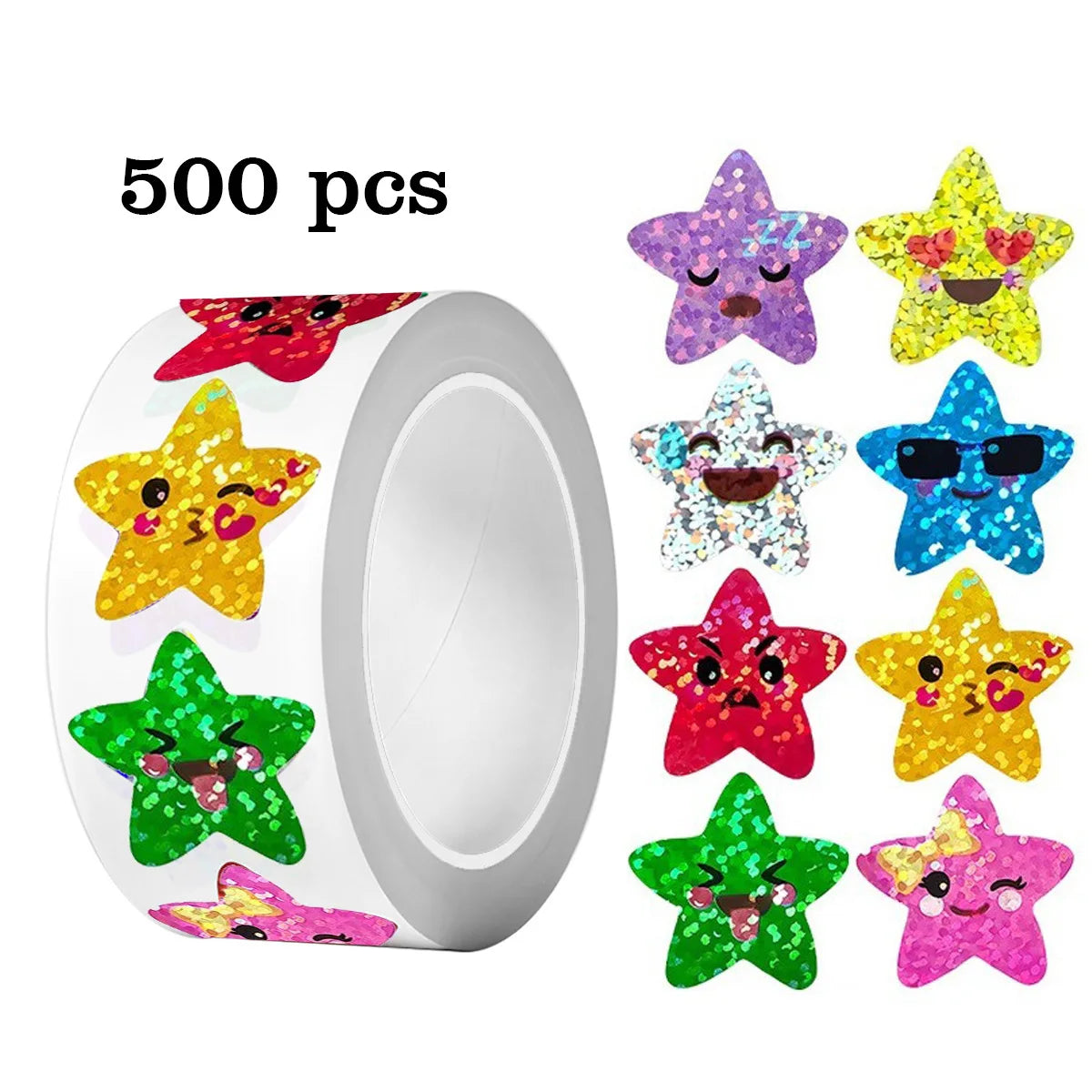 A roll of 500 glitter star stickers in various colors including purple, yellow, red, blue, and green.