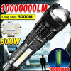 A black LED flashlight with a telescopic zoom feature and 1000000LM brightness is shown against a snowy background.