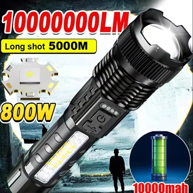 A black LED flashlight with a telescopic zoom feature and 1000000LM brightness is shown against a snowy background.