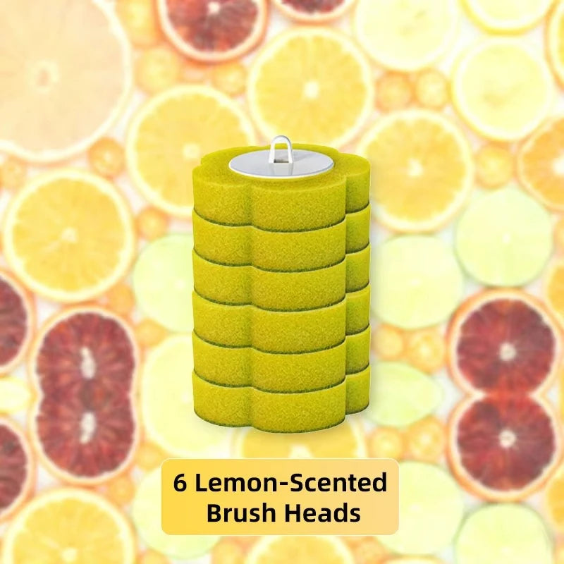 A set of six yellow lemon-scented brush heads for a wall-mounted disposable toilet brush.
