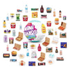A collection of miniature food items and candies in various packaging displayed for collectors.