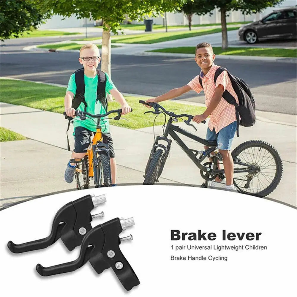 A pair of black brake levers for a bicycle, shown next to a child riding a bike.