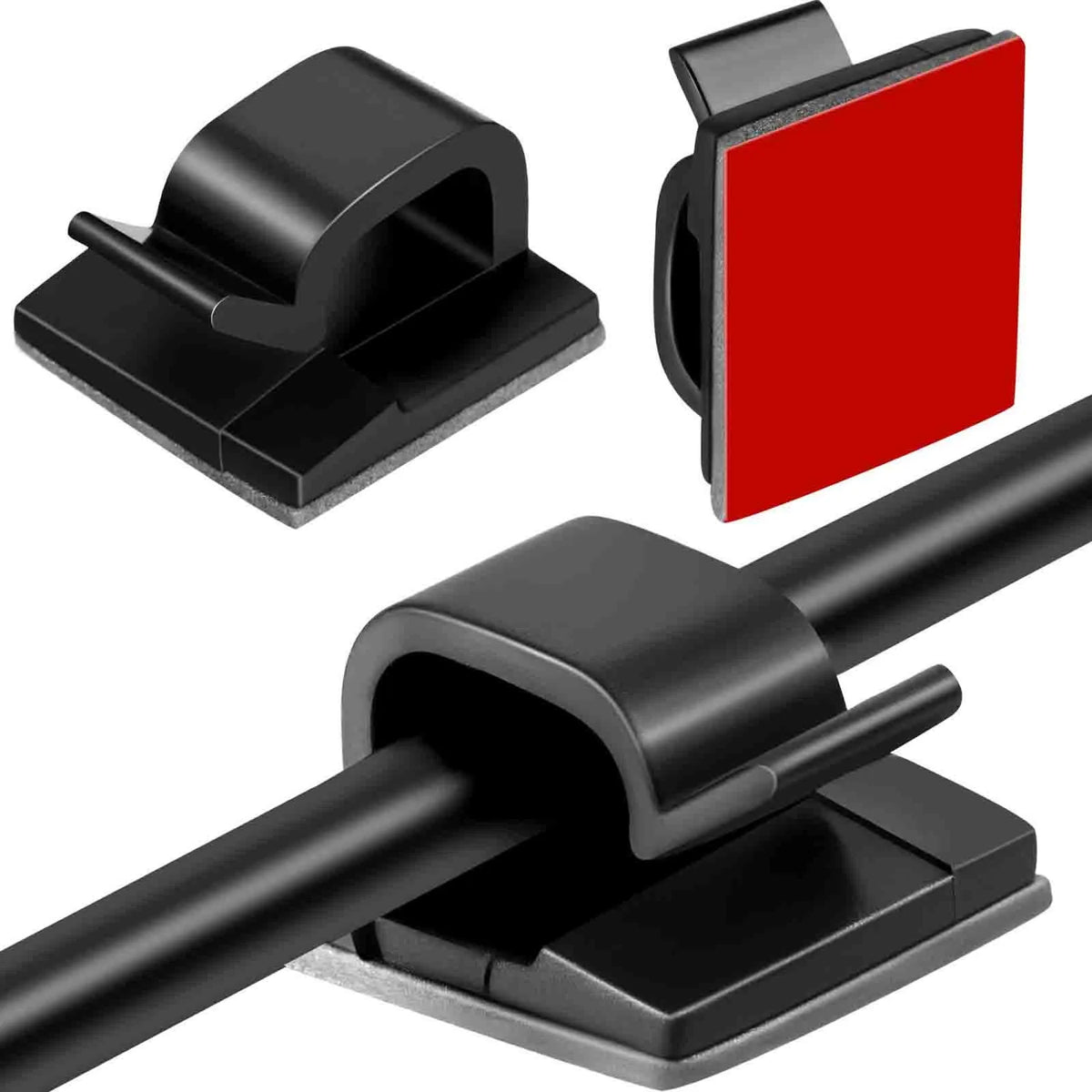 Black adhesive cable organizer clips used to manage and secure cables on desks and in homes.