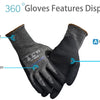 A pair of black work gloves featuring an elastic cuff and HPPE+glassfiber construction.