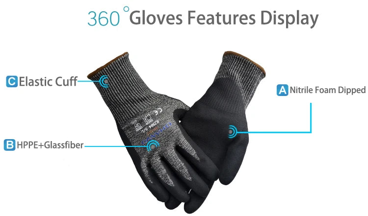 A pair of black work gloves featuring an elastic cuff and HPPE+glassfiber construction.