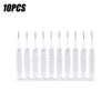 A set of ten white shower cleaning brushes with anti-clogging nozzles arranged in a row.