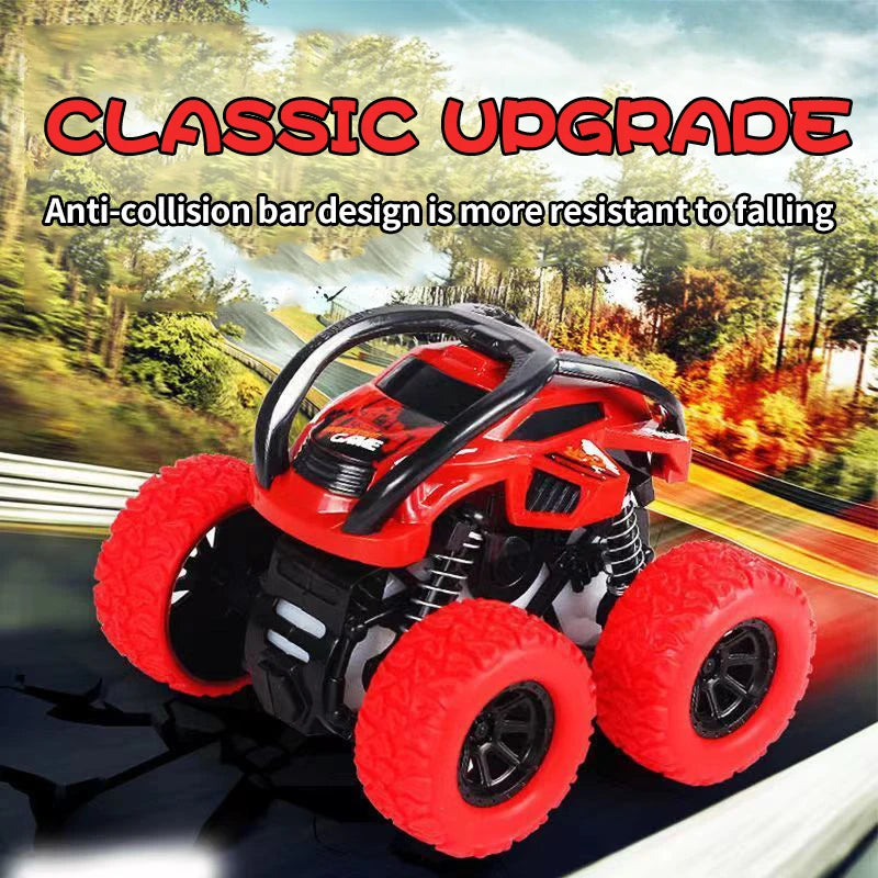 Red off-road stunt car with large tires and black chassis shown in a natural outdoor setting.