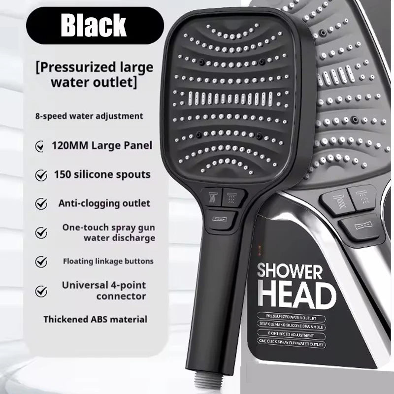 Black pressurized large water outlet shower head with silicone spouts and adjustable features
