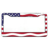 A rectangular aluminum license plate frame featuring a patriotic design with stars and stripes.