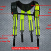 A set of yellow and black magnetic tool belt suspenders with removable phone holders and heavy duty trigger snap clips.