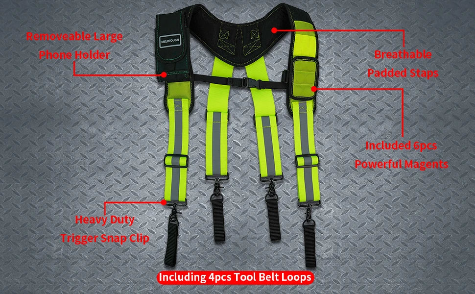 A set of yellow and black magnetic tool belt suspenders with removable phone holders and heavy duty trigger snap clips.