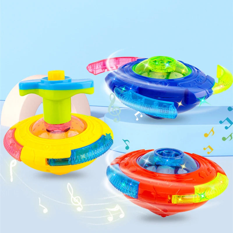 Colorful glowing musical spinning tops in various colors like blue, yellow, and orange are displayed on a light blue backgrou