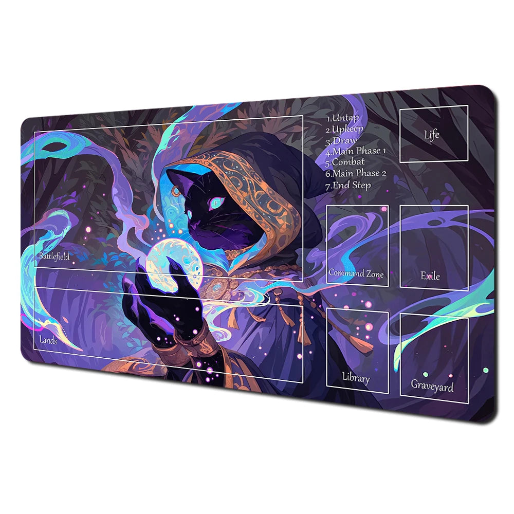 Fantasy card playmat featuring a dark silhouette of an archer and raccoon in a magical setting with various zones.