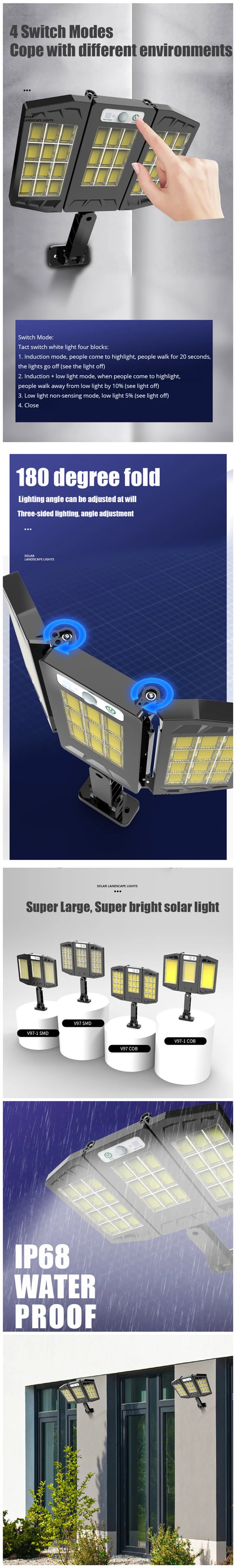 A solar powered outdoor wall light with adjustable modes and an IP68 waterproof design.