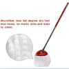 A red microfiber mop with a 360-degree dry/wet mop head is shown next to an inset of the mop head fibers.