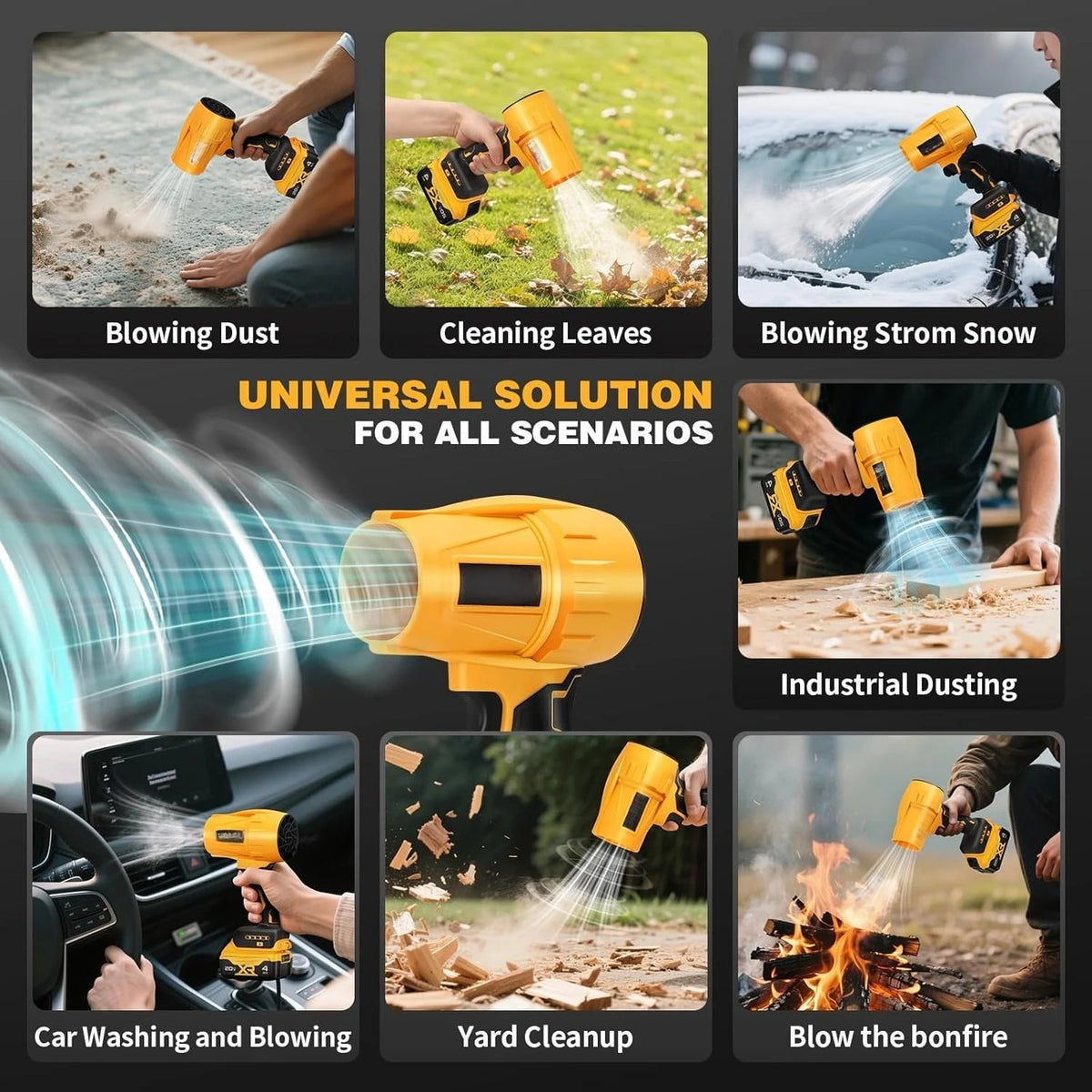 A yellow cordless handheld air blower is shown in various applications including blowing dust, cleaning leaves, and tending a