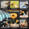 A yellow cordless handheld air blower is shown in various applications including blowing dust, cleaning leaves, and tending a