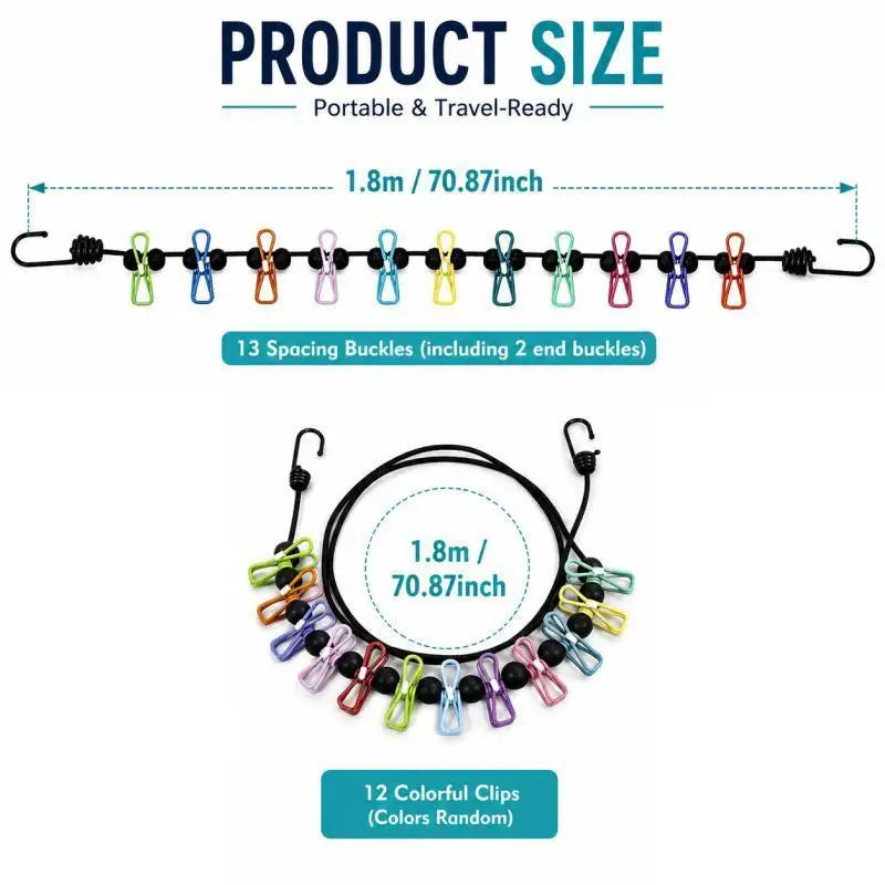 A portable travel clothesline featuring 13 spacing buckles and 12 colorful clips for drying clothes.