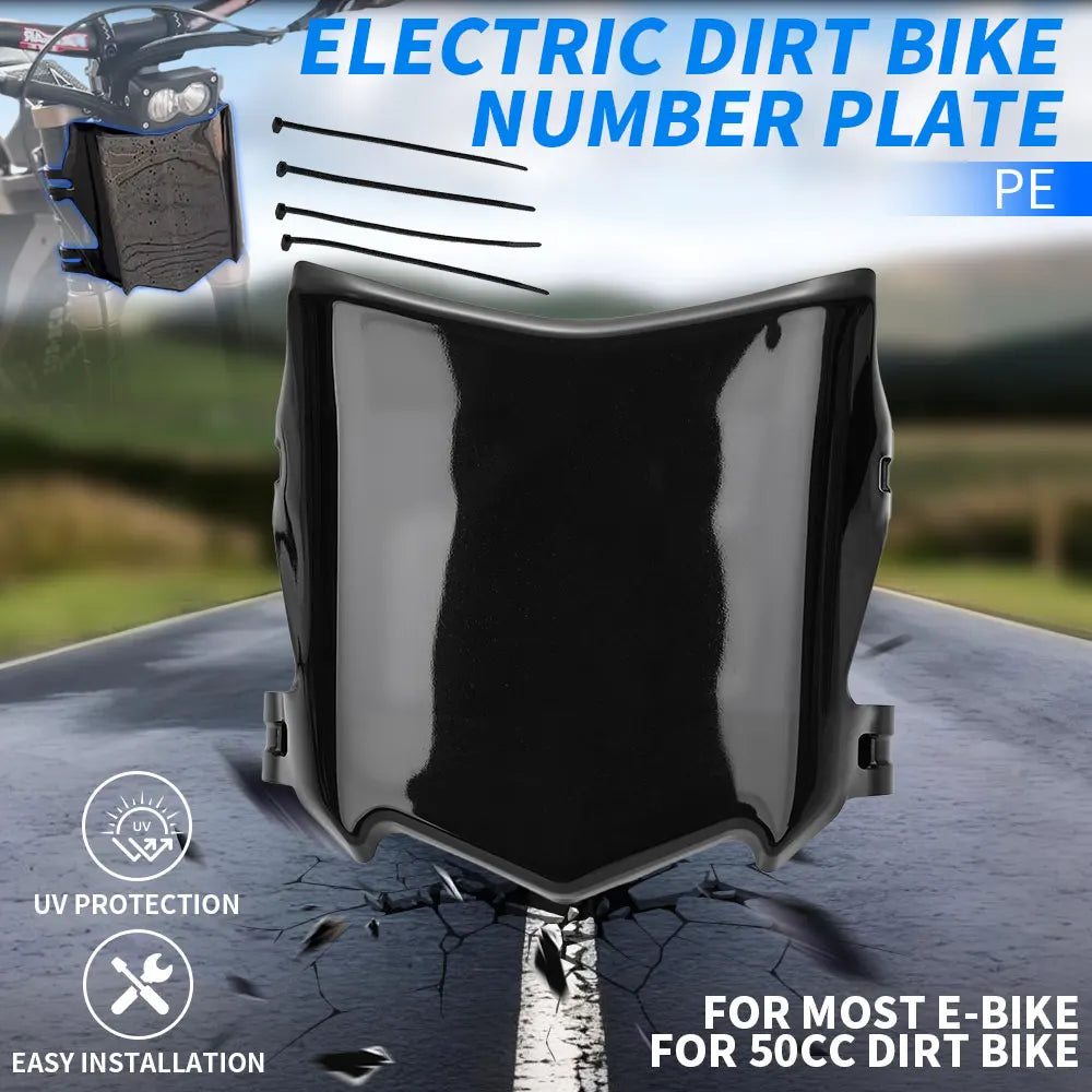 Black electric dirt bike number plate guard for 50cc e-bikes with UV protection and easy installation