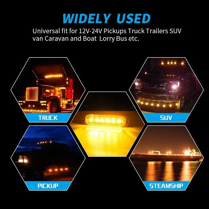 LED strobe side marker lights shown illuminating various vehicles including trucks, pickups, SUVs, and a steamship.