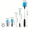 A set of three blue bottle cleaning brushes with long handles and a circular brush shown next to their dimensions.