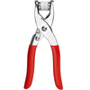 A pair of red and silver metal pliers with snap buttons for DIY sewing projects.