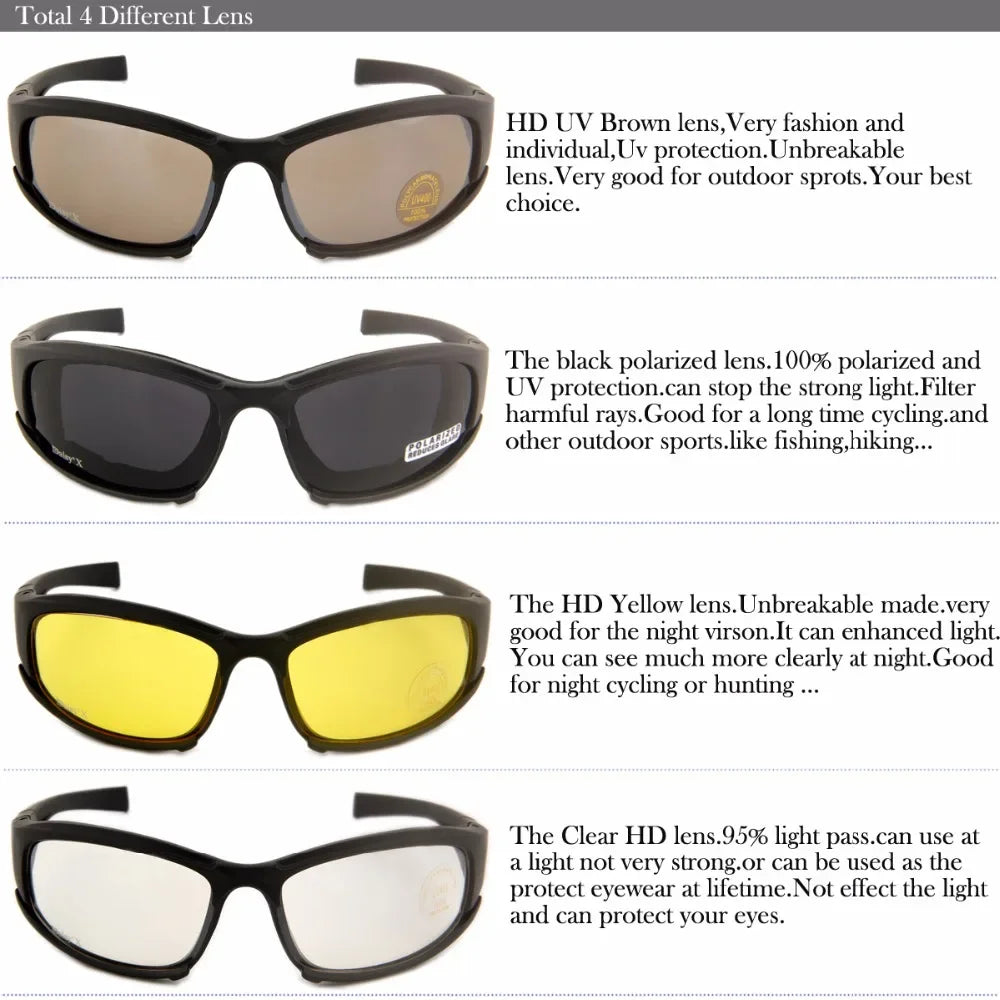 Un set de gafas tácticas polarizadas con cuatro lentes intercambiables: marrón, negro, amarillo y transparente.